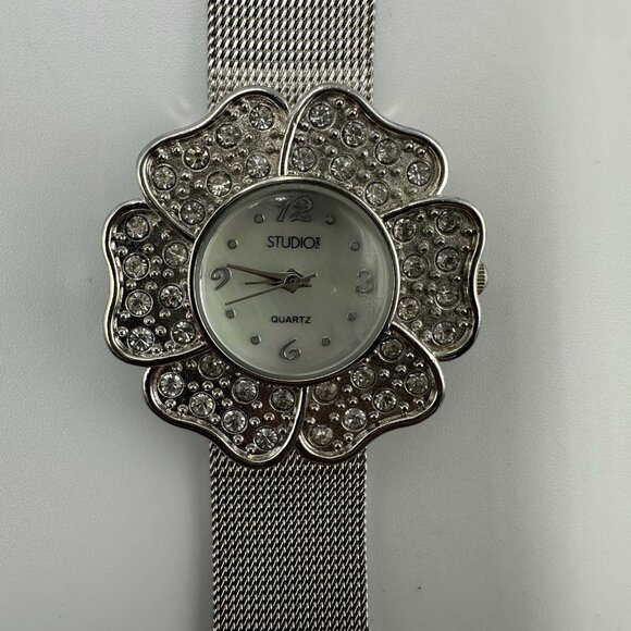 Studio Time Watch Women Silver Tone Rhinestone Flower Case New Battery 8.5 Inch - Picture 1 of 12